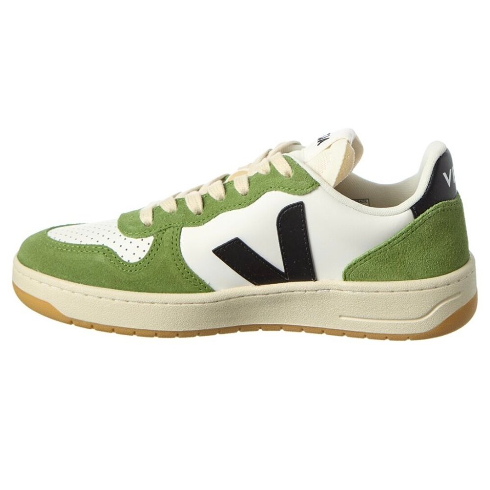 Veja V-10 Prime Leather Sneakers in White/Black/Kiwi